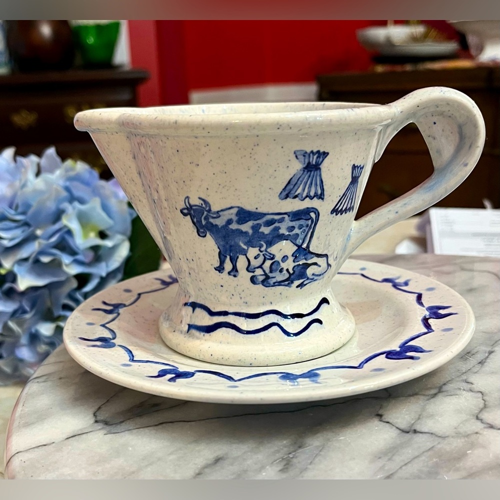 Provincial Blue Farm Scene Creamer Metlox Poppytrail w Saucer Plate California
